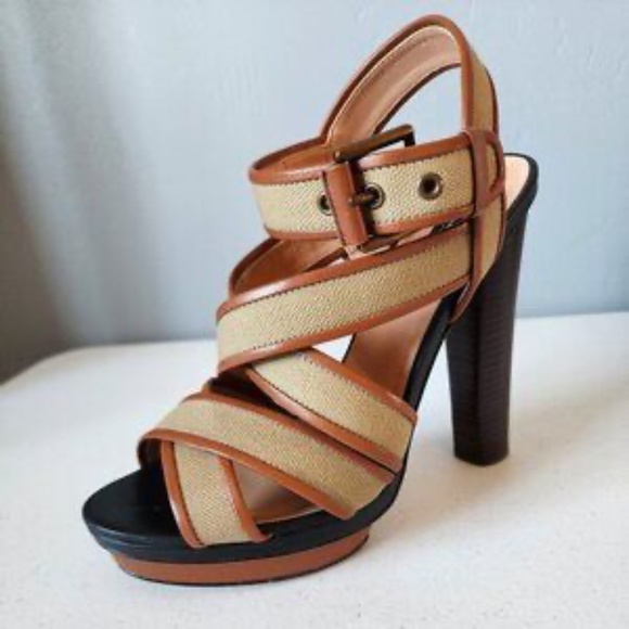Ann Taylor Crisscross Detail Platform Heel Linen Canvas Leather Neutral 8.5 - Picture 1 of 8
